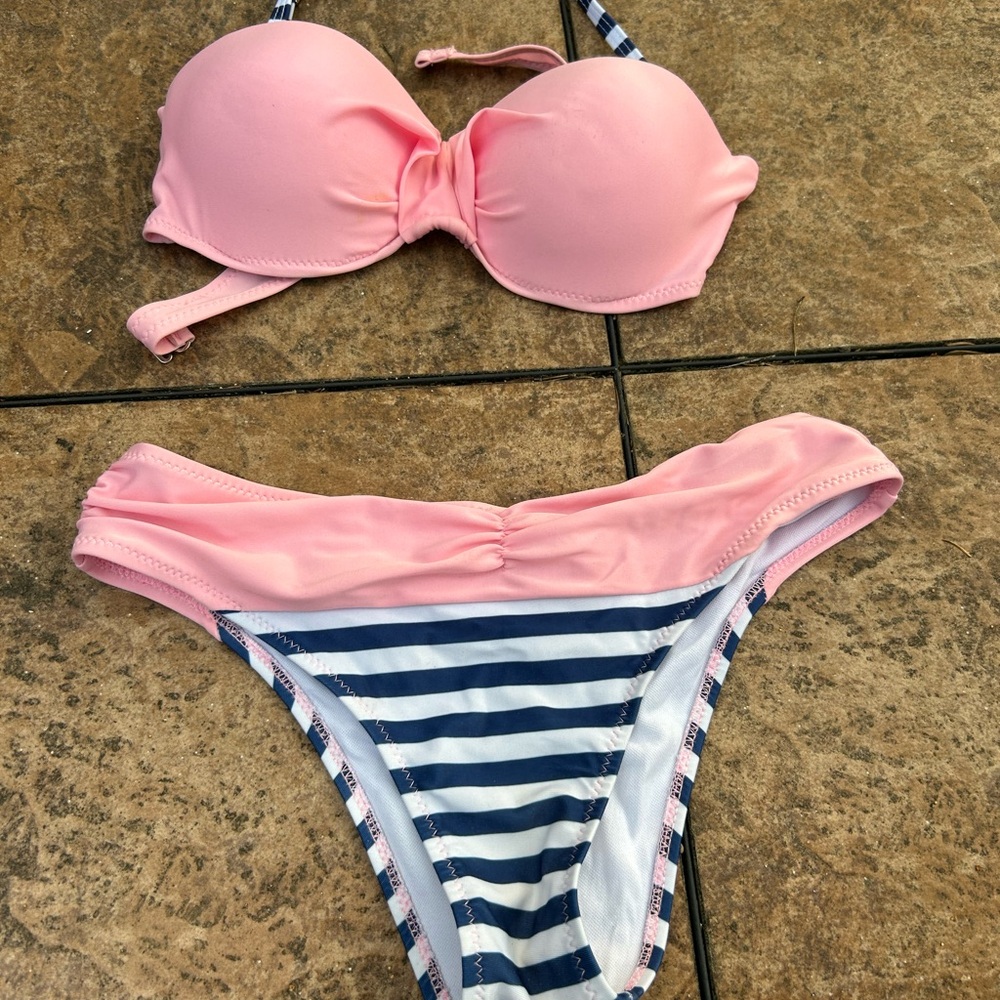 Pink and Navy Striped Bikini Set